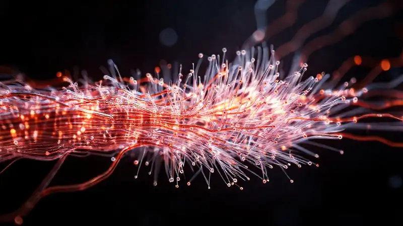 Filamentos metálicos brillan en circuito abstracto