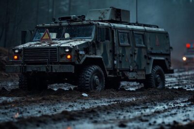Vehículo militar averiado en terreno fangoso