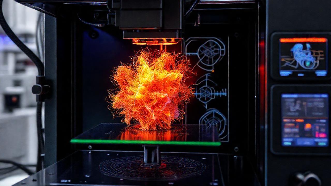 Impresión 3D compleja, materiales vibrantes, tecnología moderna