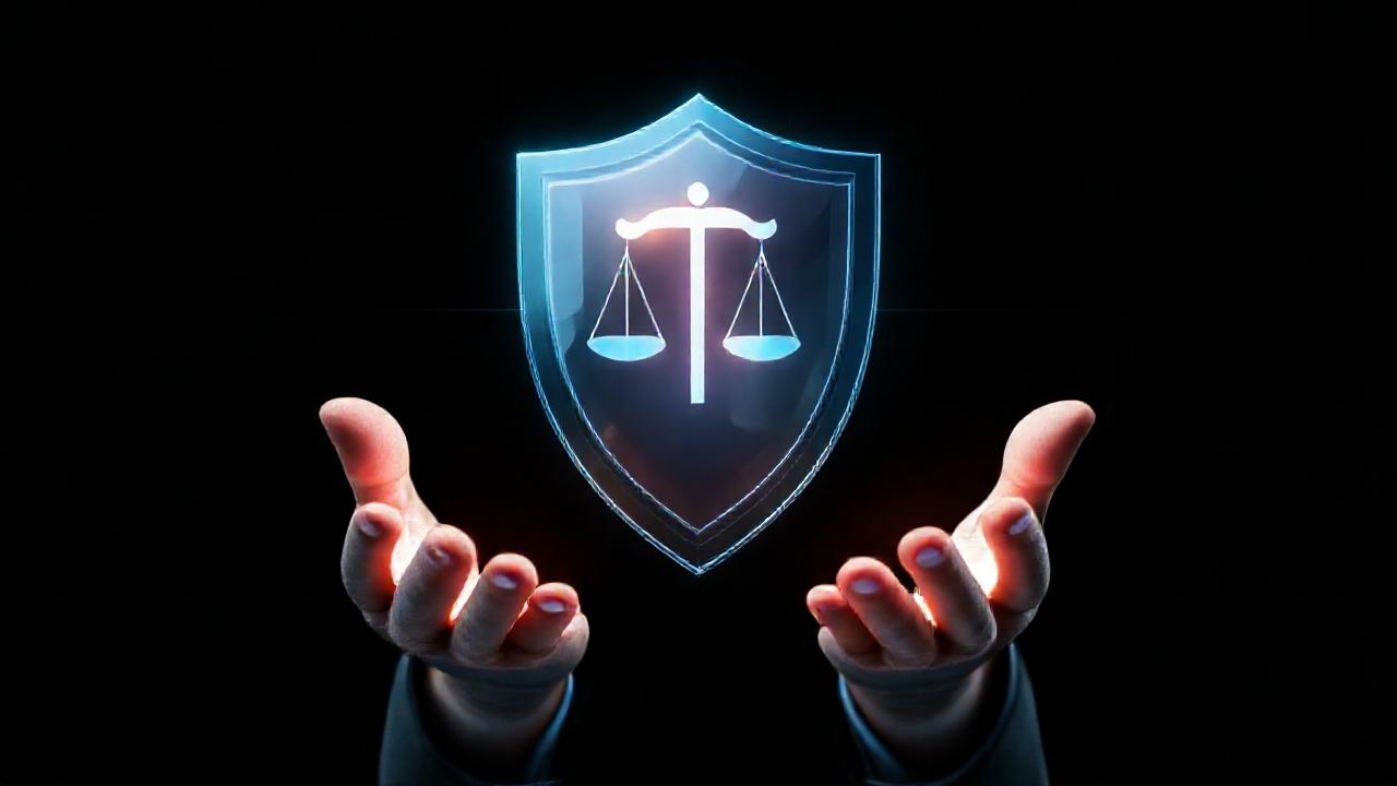 Protección legal digital, manos seguras, seriedad profesional