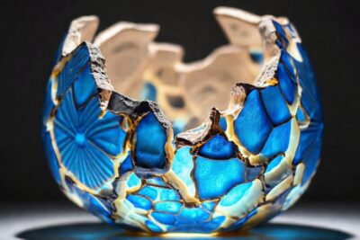Cerámica rota azul resplandece en detalle