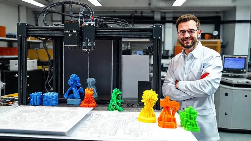 Impresora 3D industrial produce piezas coloridas