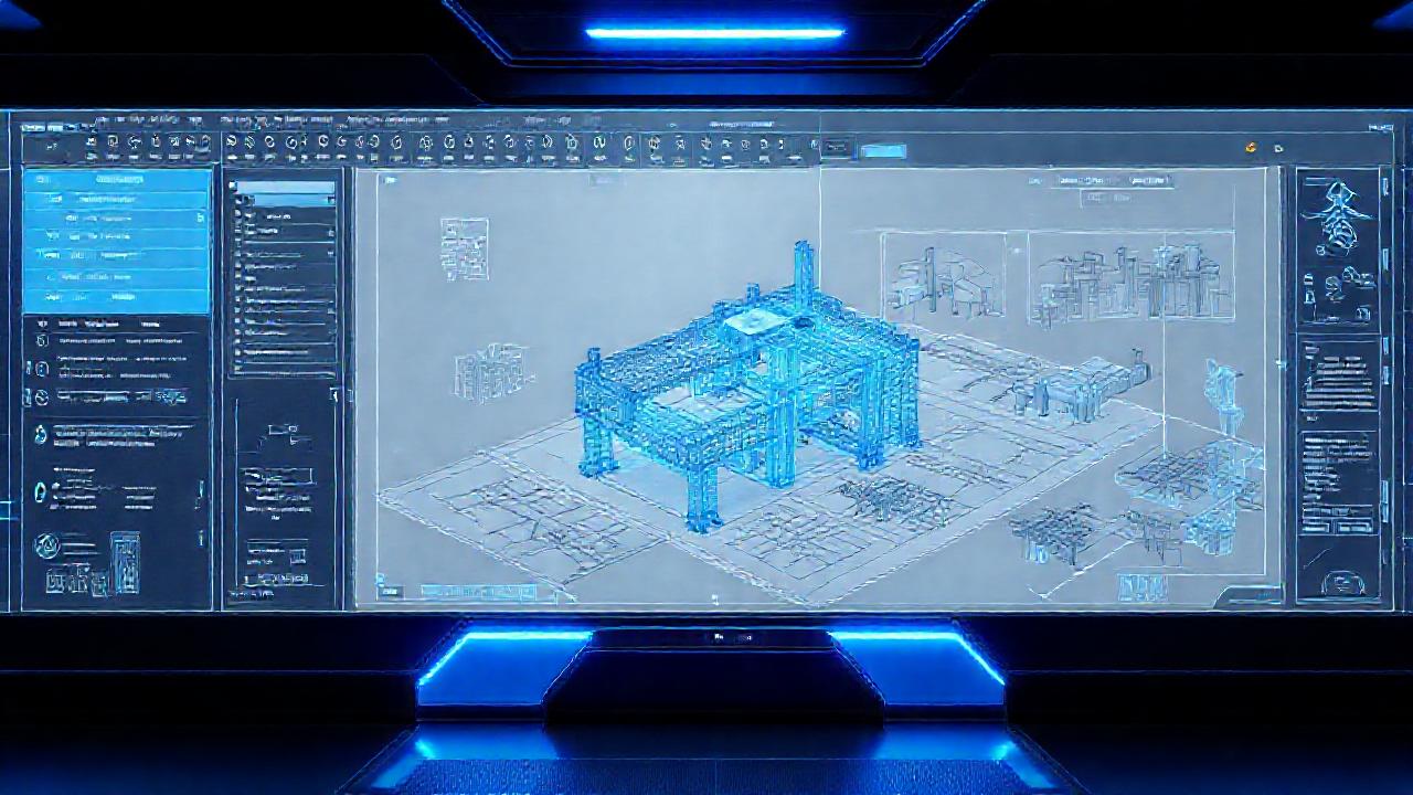 Interfaz CAD futurista, diseño estructural digital