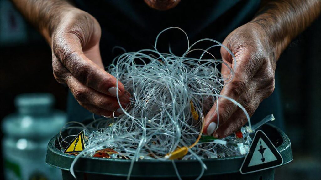 Residuos plásticos peligrosos desordenadamente amontonados