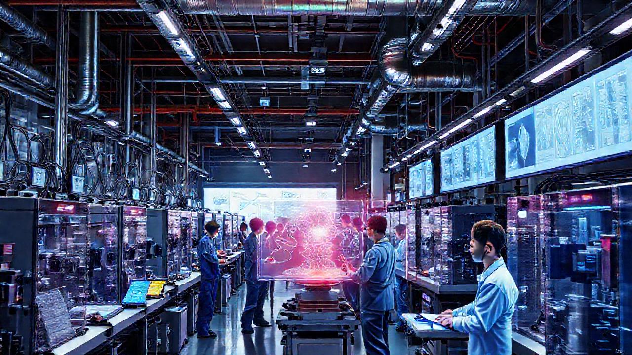 Factoría futurista, innovación tecnológica y trabajadores