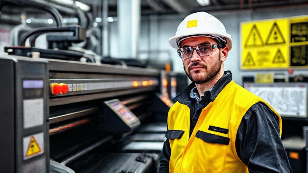 Trabajador industrial con precaución y precisión