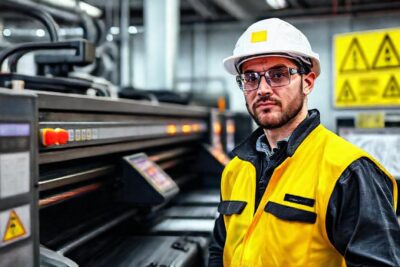 Trabajador industrial con precaución y precisión