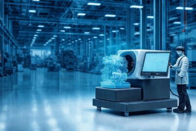 Escáner industrial analiza maquinaria de fábrica