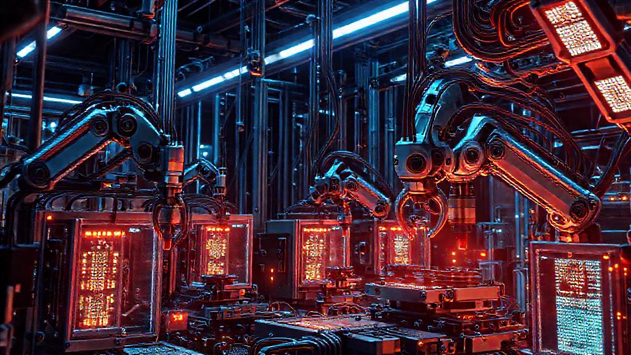 Fábrica futurista con robots y hologramas