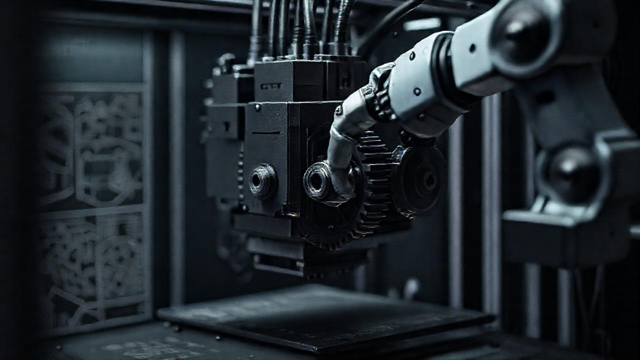 Impresora industrial: detalle técnico, oscuridad dramática