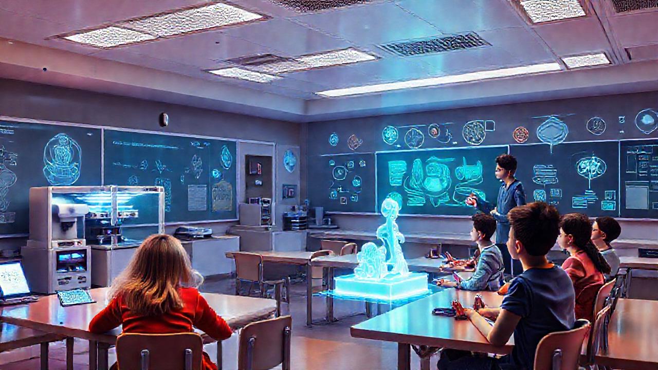 Aula futurista, alumnos diversos, maestro reflexivo