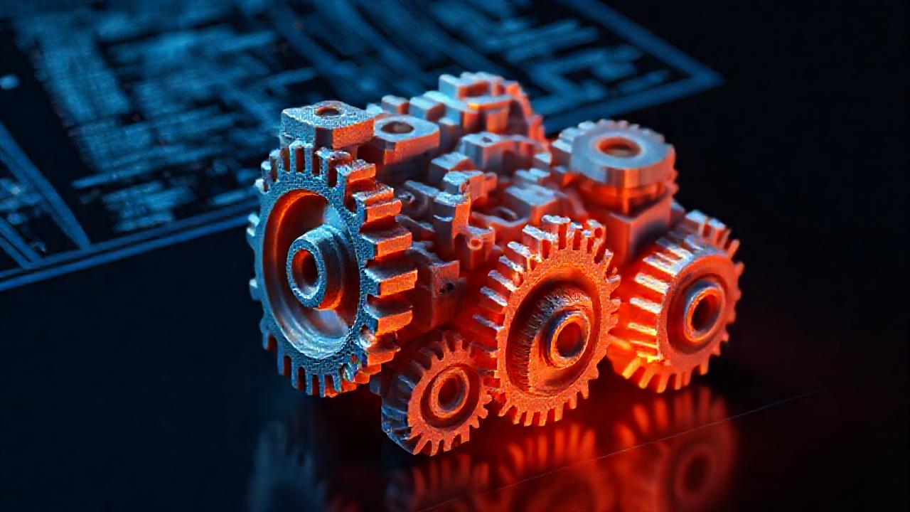 Un modelo 3D técnico, detallado y brillante