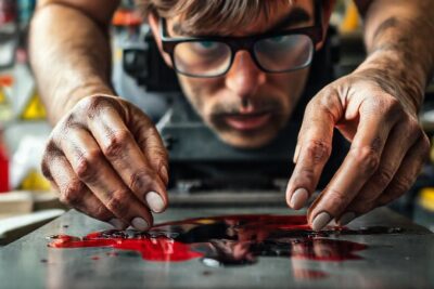 Manos cuidadosas imprimen en un taller caótico