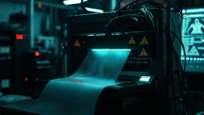 Impresora futurista, atmósfera inquietante y peligrosa