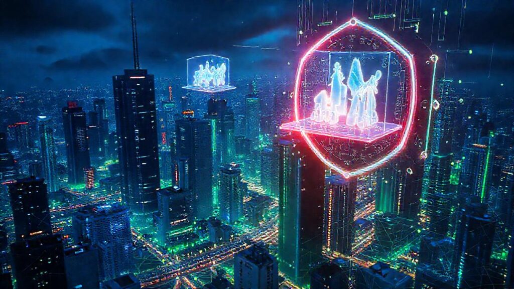 Ciudad futurista holográfica y digitalmente protegida