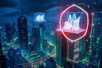 Ciudad futurista holográfica y digitalmente protegida