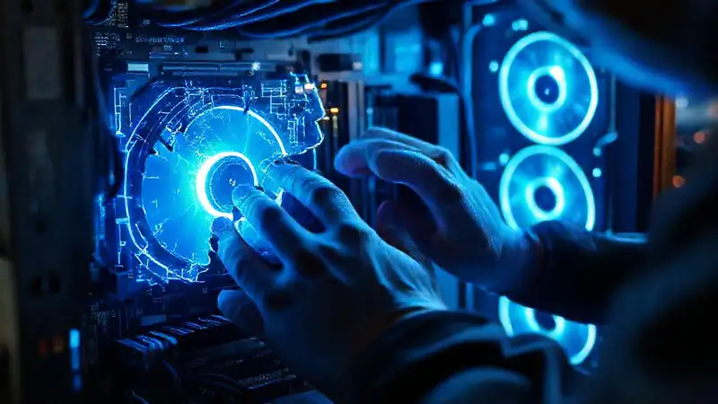 Técnico repara circuitos con luz azul