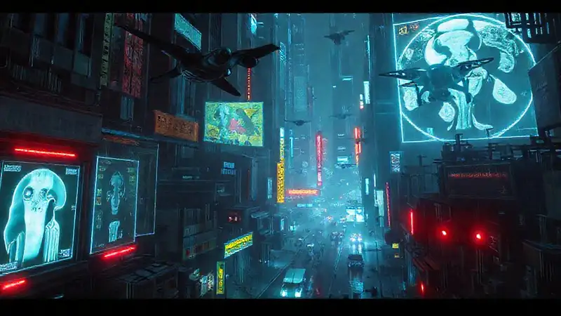 Ciudad cyberpunk oscura y plagada de robos
