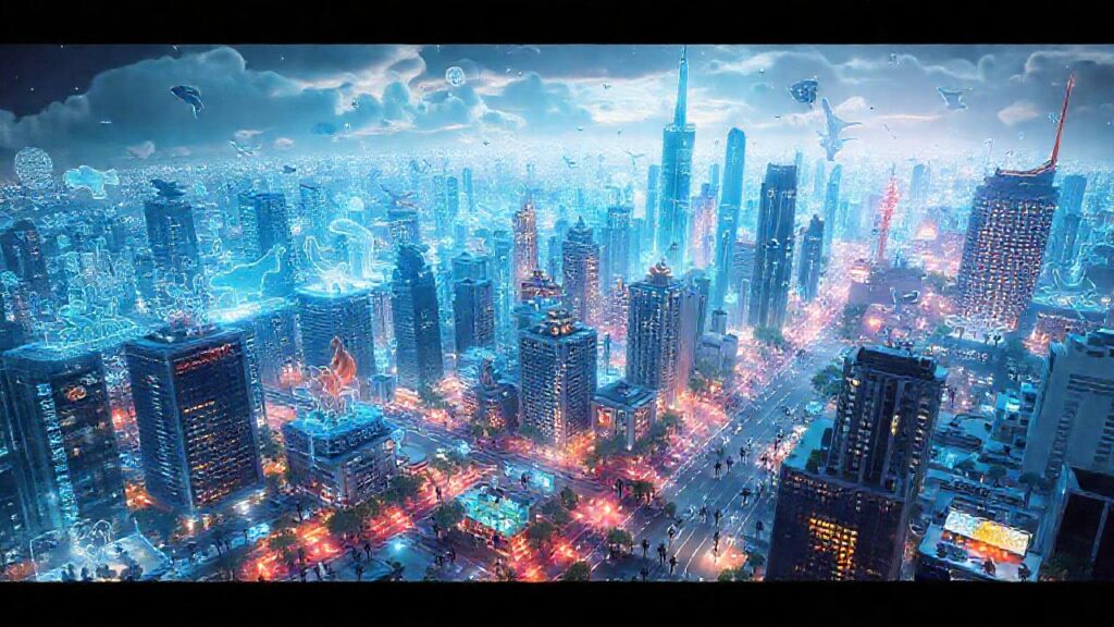 Ciudad futurista vibrante y conectada digitalmente