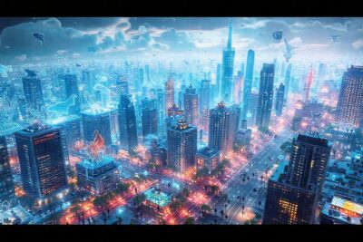 Ciudad futurista vibrante y conectada digitalmente