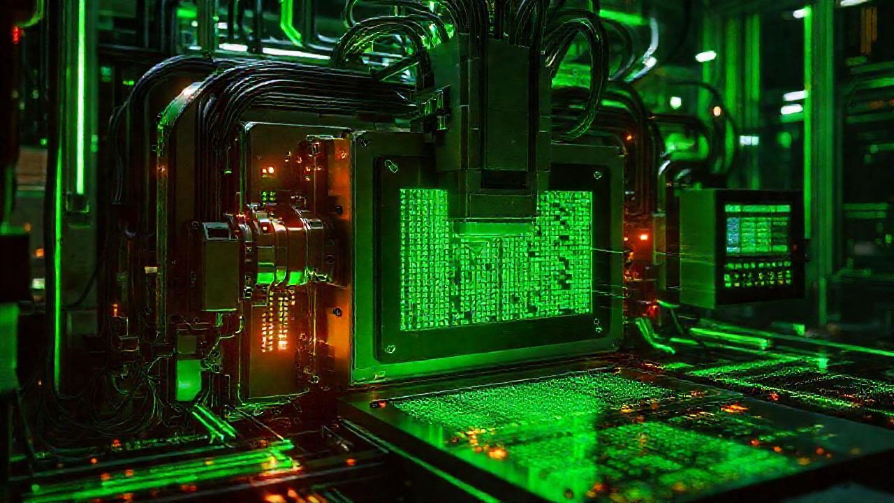 Máquina CNC futurista procesa datos intensamente