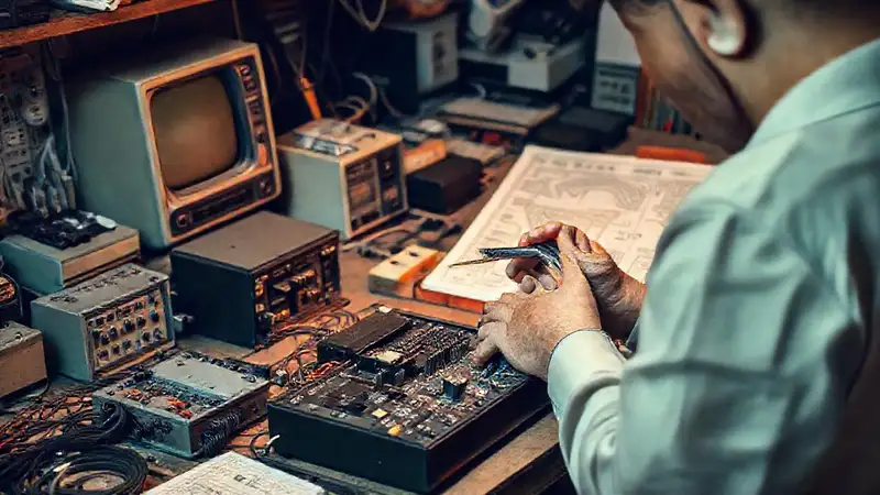 Un técnico reparaba ordenadores antiguos con detalle