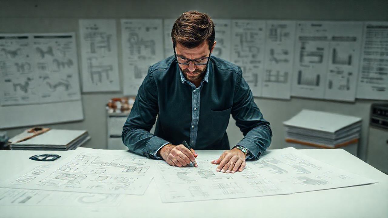 Investigador analiza planos detallados en laboratorio