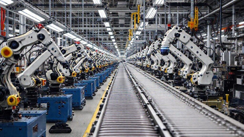 Una línea de montaje industrial robótica opera