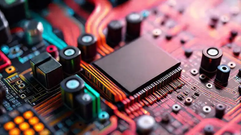 Circuito impreso 3D, colores vibrantes y futurista