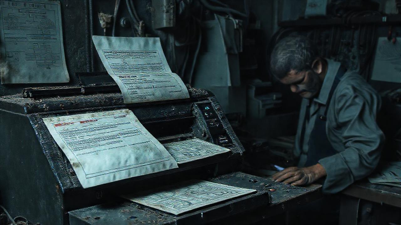 Un técnico frustrado arregla una impresora vieja