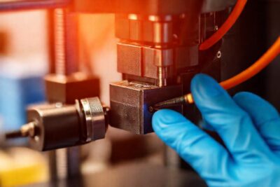 El técnico revisa y repara el cabezal caliente