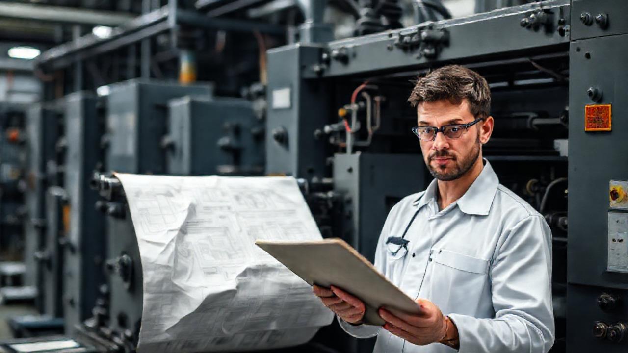 Técnico revisa errores en prensa industrial