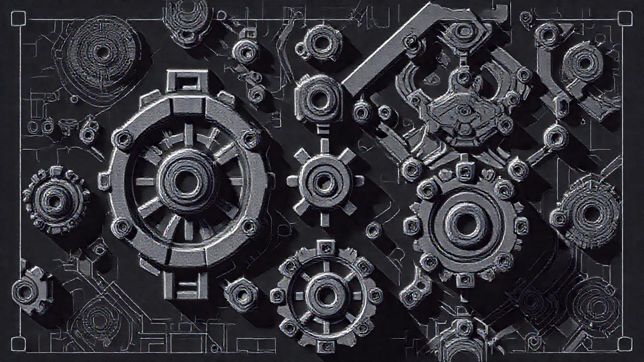 Ilustración técnica, detalles mecánicos, contraste oscuro