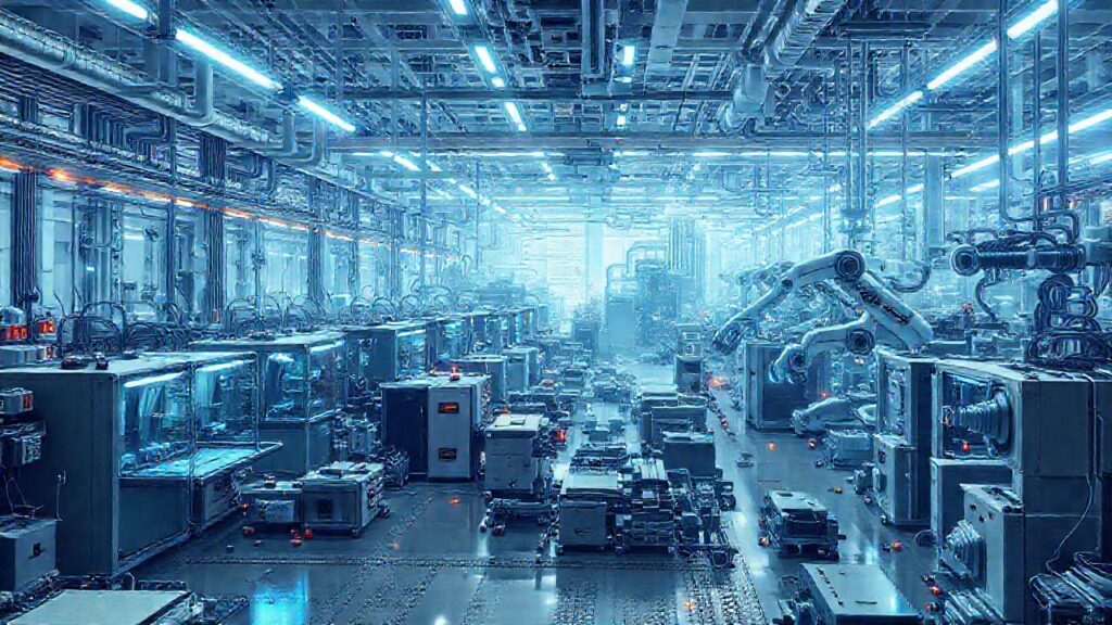 Fábrica futurista con robots y diseño complejo