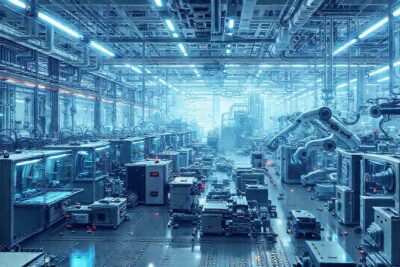 Fábrica futurista con robots y diseño complejo