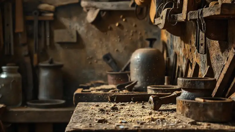 Taller antiguo, luz cálida, detalles intrincados