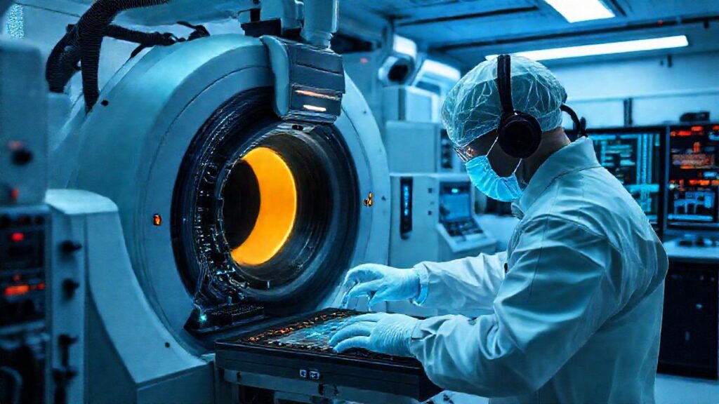 Técnico trabaja en laboratorio futurista digital