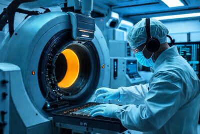 Técnico trabaja en laboratorio futurista digital